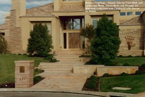 Arizona Flagstone - Classic Oak for Front Walk and Landscape Walls. House Walls and Pilaster are Matching Ledgstone with Combined with Stucoo on House.