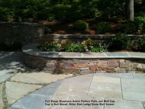 Full Range Bluestone Ashlar Pattern Patio and Wall Cap. Cap is Bull Nosed. Bitter Root Ledge Stone Wall Veneer
