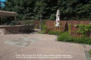 16” 75% ‘Salmon Bay’ & 25% ‘Noiyo Pebble’ Exposed Aggregate with Full Range Bluestone  Inlay & Kennesaw Ledge Thin Veneer Wall