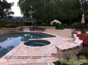 2”  ‘Salmon Bay’ Exposed Aggregate with ‘Colorado Blonde’ Flagstone Flatwork & Wall Caps & ‘Colorado Blonde’ Split Face Ledgestone Walls   