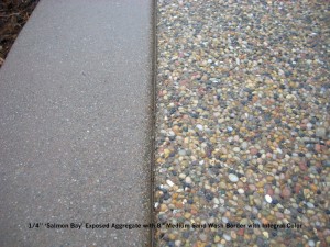 4” ‘Salmon Bay’ Exposed Aggregate with 8” Medium Sand Wash Border with Integral Color