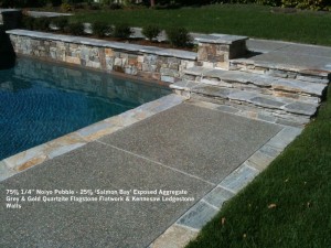 75% 1_4” Noiyo Pebble - 25% ‘Salmon Bay’ Exposed Aggregate Grey & Gold Quartzite Flagstone Flatwork & Kennesaw Ledgestone Walls 