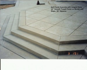 Salt Finish Concrete with Integral Color 12” Smooth Trowel Finish on Border and  Steps. 36” Squares  