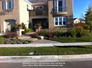 Stamped-Concrete-with-Seamless-Skin-and-Dust-On-Color-Stucco-Walls-With-Pre-Cast-Concrete-Caps       