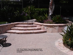 4” ‘Pami Pebble’ Exposed Aggregate Patio  with Tumbled Arizona Flagstone Border, Steps  and Walls