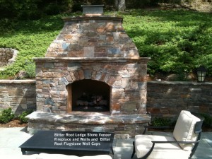 Bitter-Root-Ledge-Stone-Veneer-Fireplace-and-Walls-and-Bitter-Root-Flagstone-Wall-Caps 