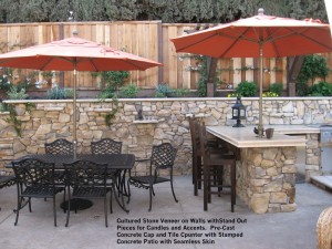 Cultured-Stone-Veneer-on-Walls-withStand-Out-Pieces-for-Candles-and-Accents-PreCast-Concrete-Cap-and-Tile-Cpunter-with-Stamped-Concrete-Patio-with-Seamless-Skin 