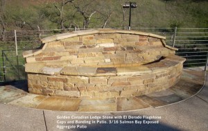 Golden Canadian Ledge Stone with El Dorado Flagstone Caps and Banding in Patio. 3_16 Salmon Bay Exposed  Aggregate Patio