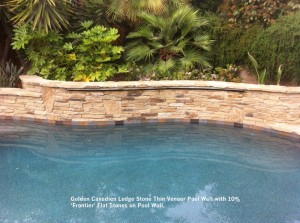 Golden Canadien Ledge Stone Thin Veneer Pool Wall with 10% ‘Frontier’ Flat Stones on Pool Wall,