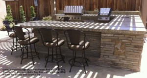 Golden Canadien Ledge Stone Thin Veneer Pool Wall with 10% ‘Frontier’ Flat Stones on Walls, Foot Rest and Patio Inlay. BBQ_ Kitchen has Granite Slab Counter Top