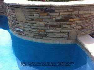Golden Canadien Ledge Stone Thin Veneer Pool Wall with 10% ‘Frontier’ Flat Stones on Walls,,Wall Caps and Pool Coping.