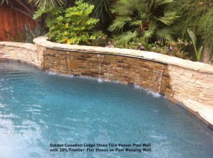 Golden Canadien Ledge Stone Thin Veneer Pool Wall with 10% ‘Frontier’ Flat Stones on Pool Weeping Wall,
