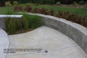 Light Sand Wash Finish Patio with Square Nosed Pre-Cast Concrete Coping and Tile Pool Wall Cap. Poured in Place Concrete Seatwall 2   