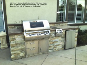 MG Home’ - Sunrise Gold Modern Series Thin Stone Veneer Walls for Kitchen_ BBQ. Concrete Counter Top. Sand Wash  Concrete Patio with 48” Squares on the Diagonal   