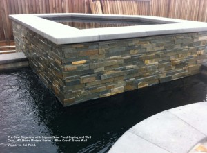 PreCast-Cpmcrete-with-Square-Nose-Pond-Coping-and-Wall-Caps.-MG-Home-Modern-Series-Blue-Creek-Stone-Wall-Veneer-on-Koi-Pond    